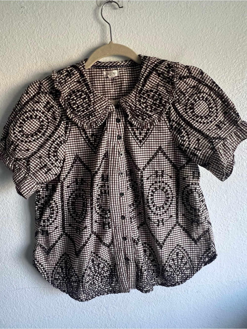 Anthro Pilcro Keira Gingham Blouse
Brown/White w Black Embroidered Eyelet M NWOT - Picture 5 of 12